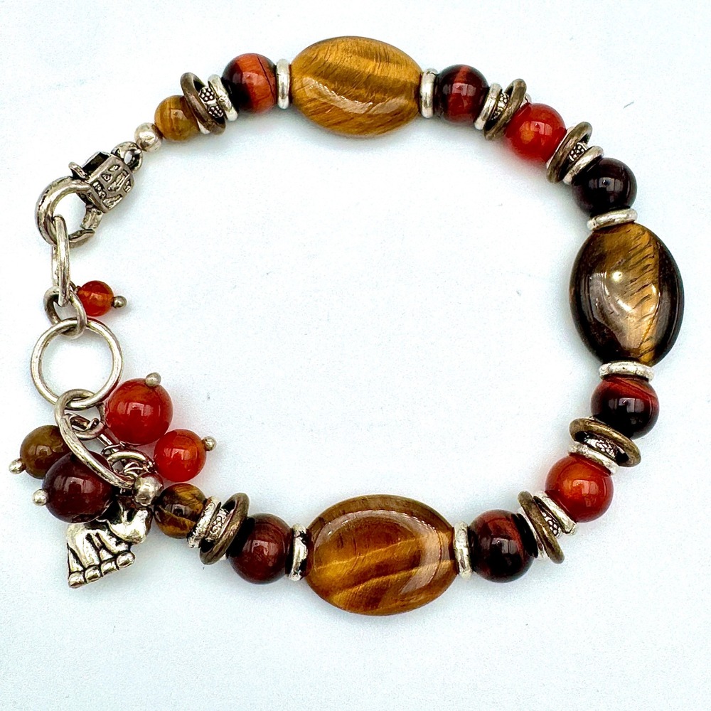 Tigers‎ Eye Carnelian Beaded Elephant Charm Bracelet Brown Orange Silver Tone